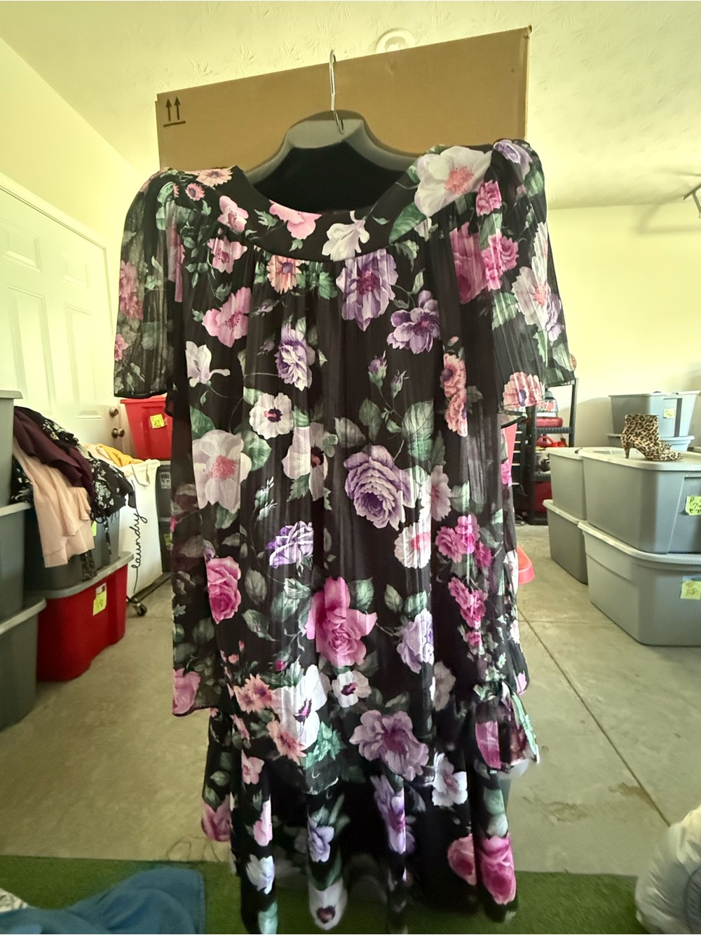 Women's Black Floral Short Sleeve Dress Top skirt- Pink & Purple Blooms p46